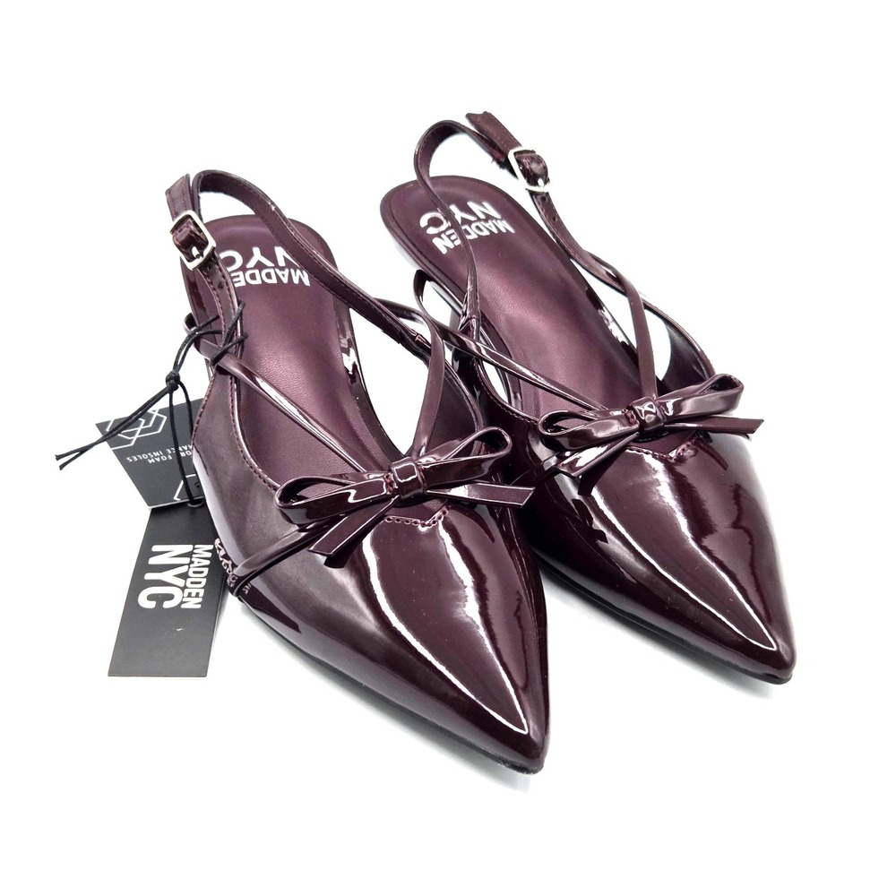 NEW Madden NYC Shiny Burgundy Slingback Pointed Toe Kitten Heel and Bow Size 6